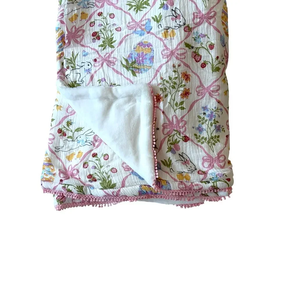 Envogue Reverse to Plush Dreamy Gauze Blanket 50x70 Easter Bunnies & Bows NEW